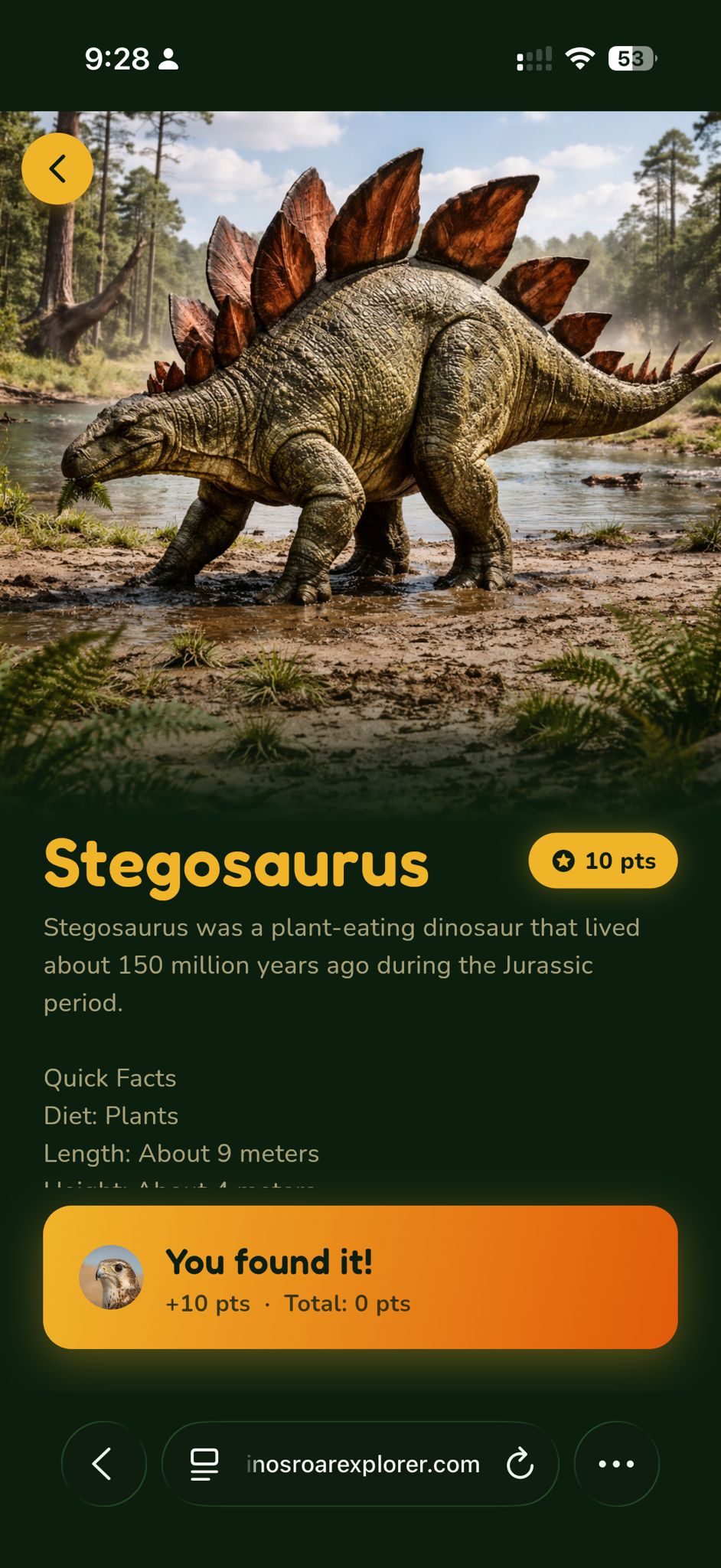 Stegosaurus discovery — 10 points earned